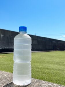 現地の海水をペットボトルで持ち帰る